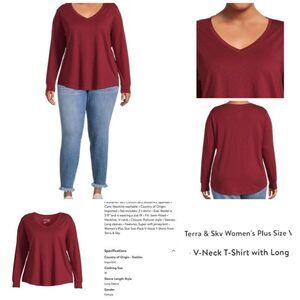 Terra & Sky's V-Neck T-Shirt women’s plus size 5X tee rose wine metal night top